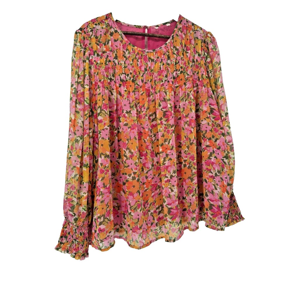 1X Floral Blouse Top Spring Long Sleeve Flowy Chiffon Crew Neck Smocked Sheer